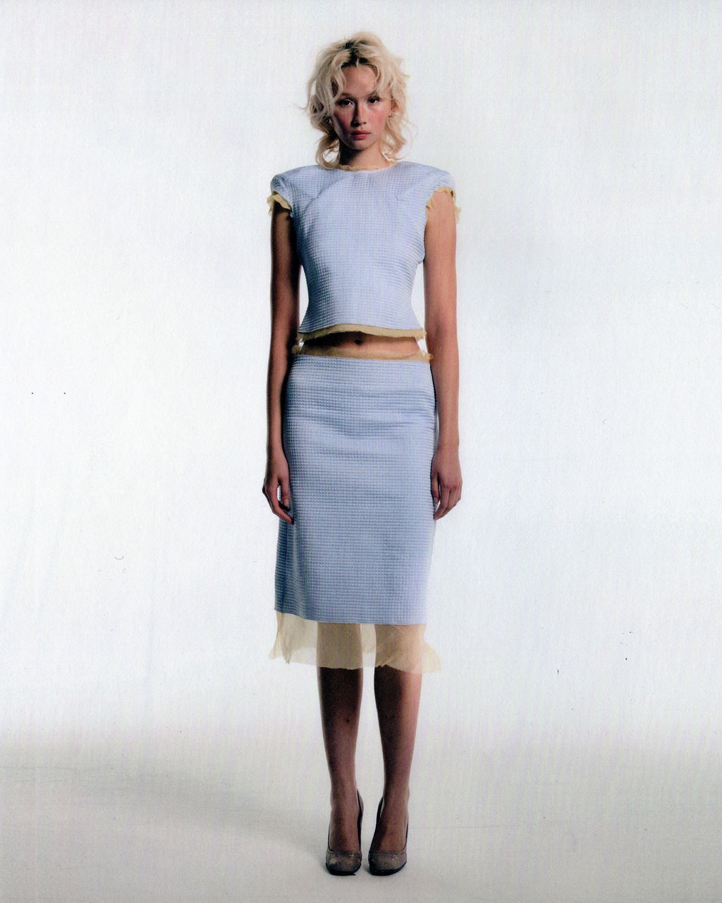 quilted cap sleeve top - icy blue