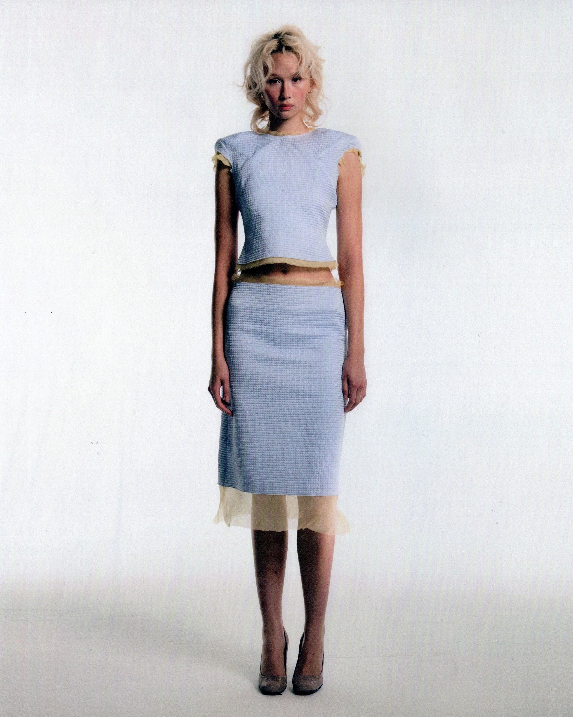 quilted cap sleeve top - icy blue